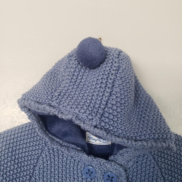 Mayoral Baby Girl 6-9 Months Blue Knit Sweater Cardigan Hooded Faux Fur Pom Pom - Picture 8 of 8